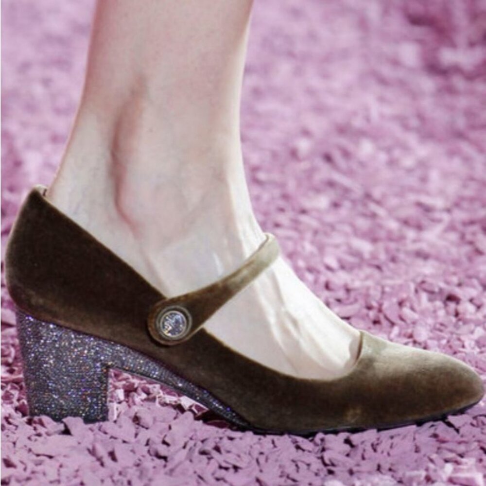 MARC JACOBS Velvet Mary Jane Pumps 35 Crystal Embellished Almond Toe Block Heel